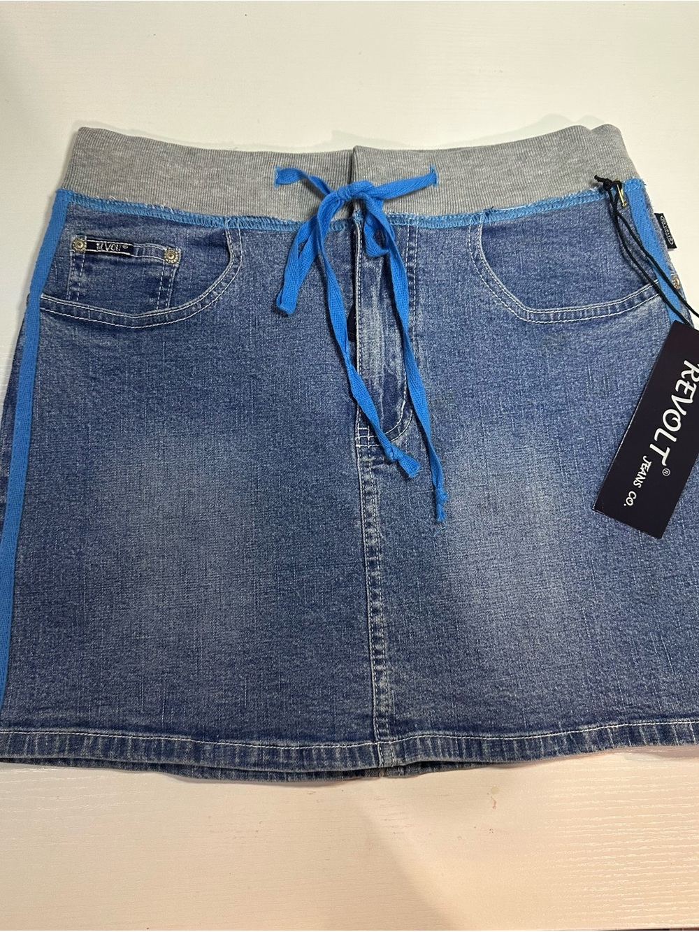 Revo Blue Denim Mini Skirt with Gray Waistband